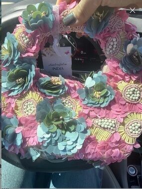 Handcrafted Floral Tote Bag in Pink, Aqua & Green